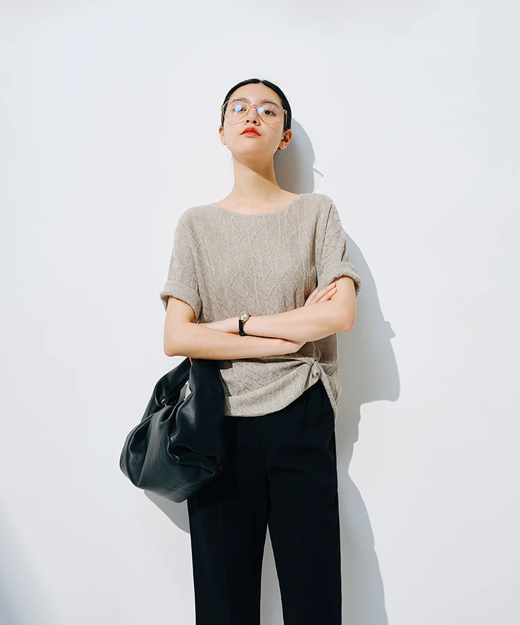 European station summer ice silk pleated short sleeve T-shirt women's round collar loose versatile solid color knit top