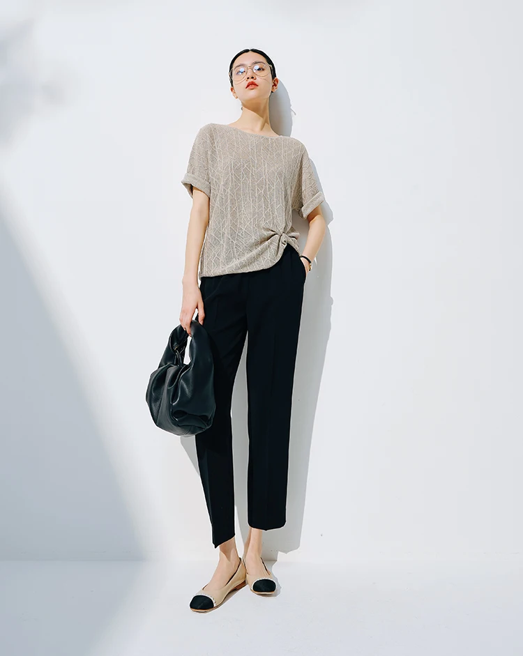 European station summer ice silk pleated short sleeve T-shirt women's round collar loose versatile solid color knit top