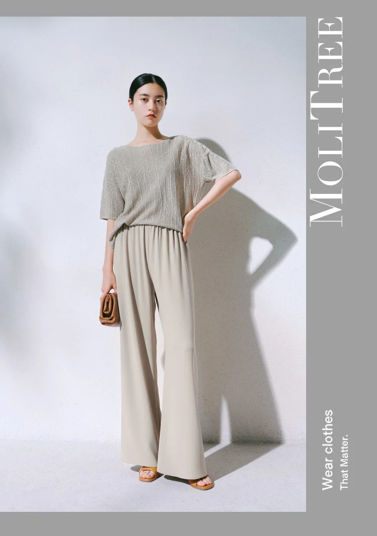 European station summer ice silk pleated short sleeve T-shirt women's round collar loose versatile solid color knit top