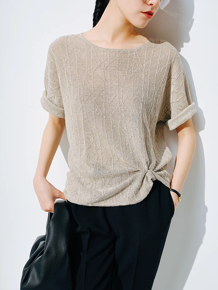 European station summer ice silk pleated short sleeve T-shirt women's round collar loose versatile solid color knit top