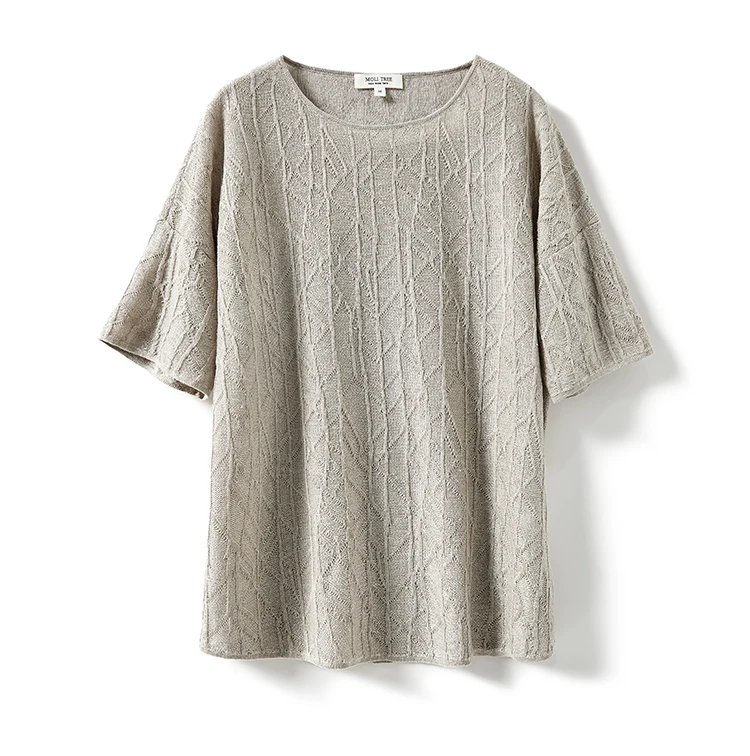 European station summer ice silk pleated short sleeve T-shirt women's round collar loose versatile solid color knit top