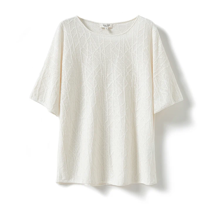 European station summer ice silk pleated short sleeve T-shirt women's round collar loose versatile solid color knit top
