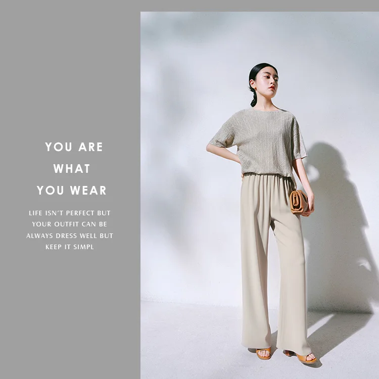 European station summer ice silk pleated short sleeve T-shirt women's round collar loose versatile solid color knit top