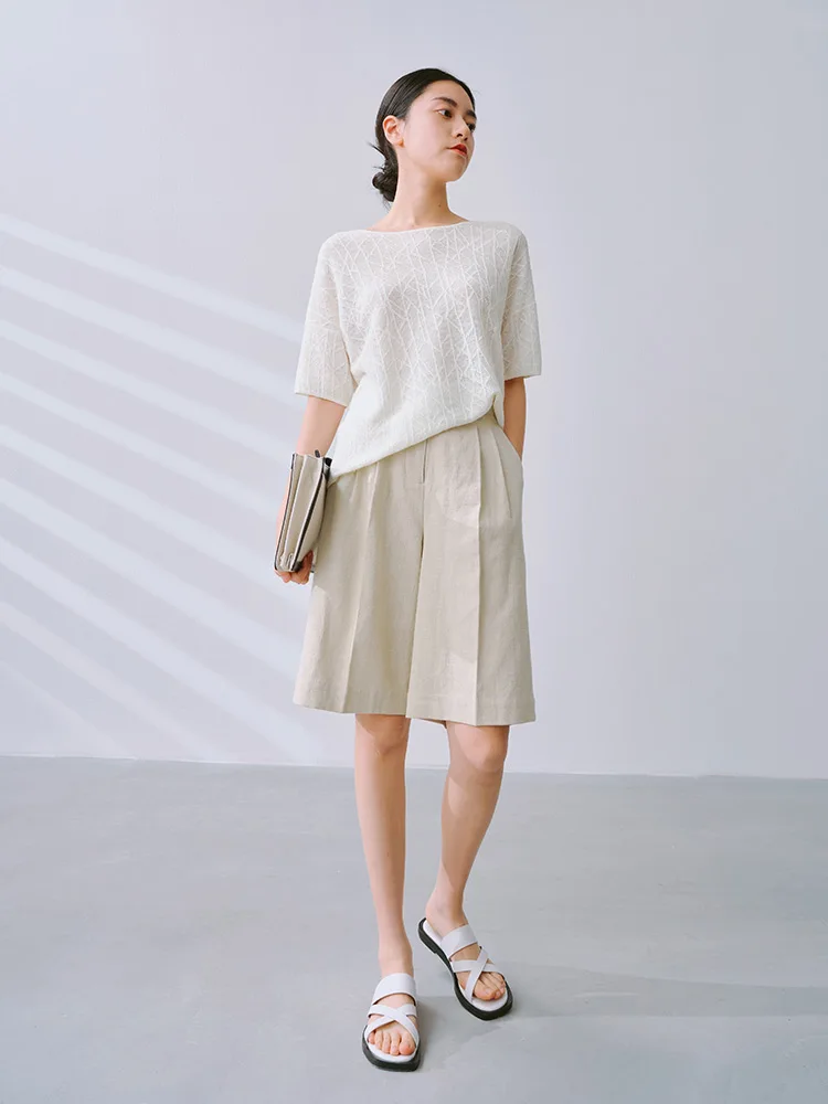 European station summer ice silk pleated short sleeve T-shirt women's round collar loose versatile solid color knit top