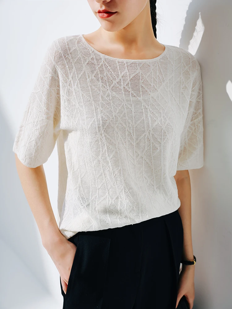 European station summer ice silk pleated short sleeve T-shirt women's round collar loose versatile solid color knit top