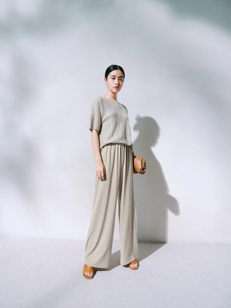 European station summer ice silk pleated short sleeve T-shirt women's round collar loose versatile solid color knit top