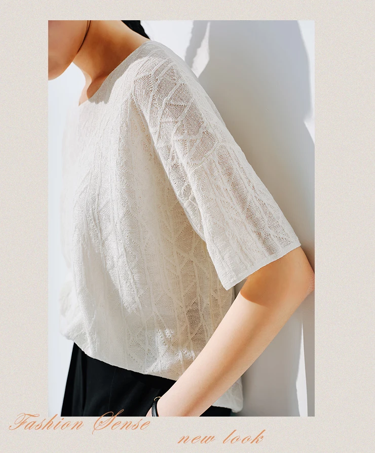 European station summer ice silk pleated short sleeve T-shirt women's round collar loose versatile solid color knit top