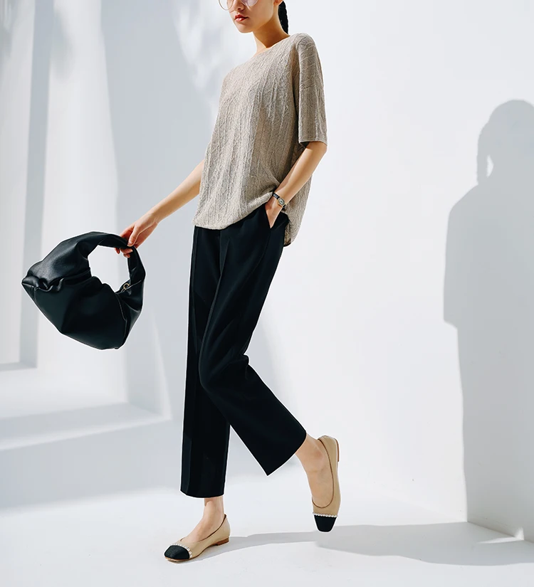 European station summer ice silk pleated short sleeve T-shirt women's round collar loose versatile solid color knit top