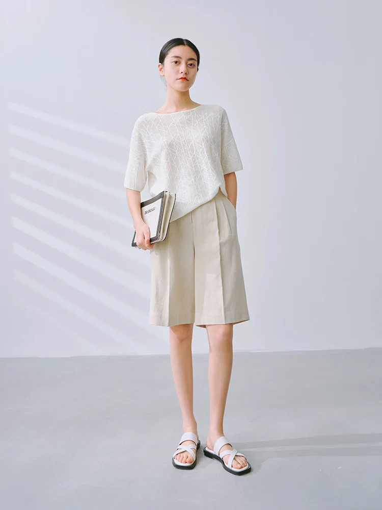 European station summer ice silk pleated short sleeve T-shirt women's round collar loose versatile solid color knit top