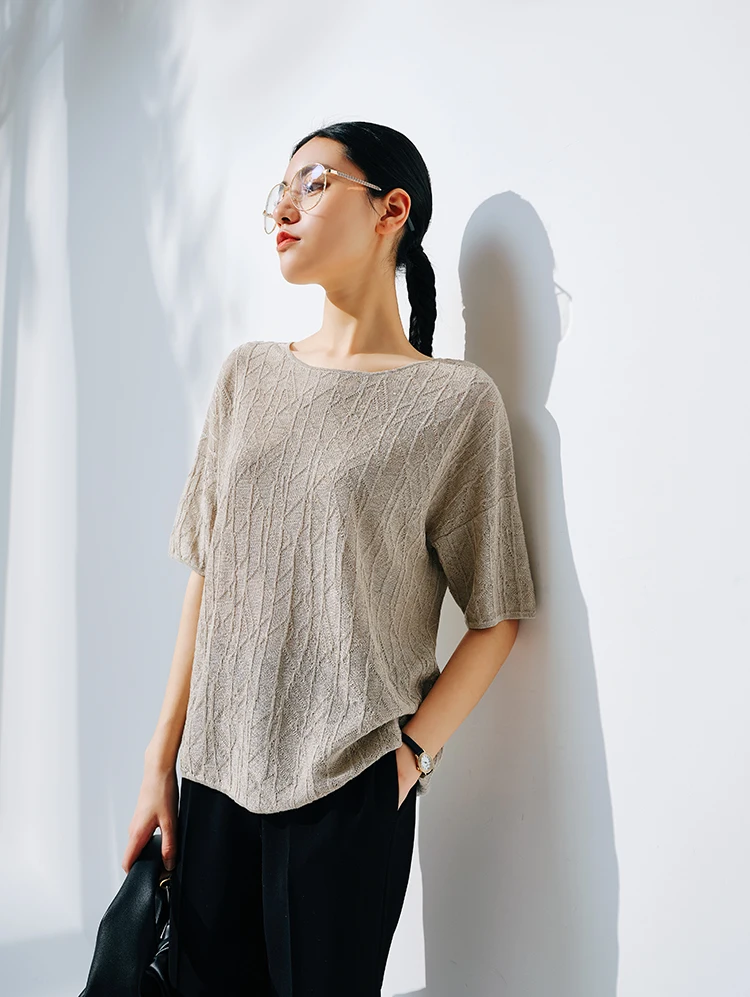 European station summer ice silk pleated short sleeve T-shirt women's round collar loose versatile solid color knit top