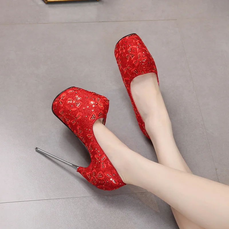 Crossdresser Red 19cm Ultra High Metal Thin Heels Cosplay Lace Bling Pumps Wedding Shoes Woman Steel Pipe Dance Stilettos