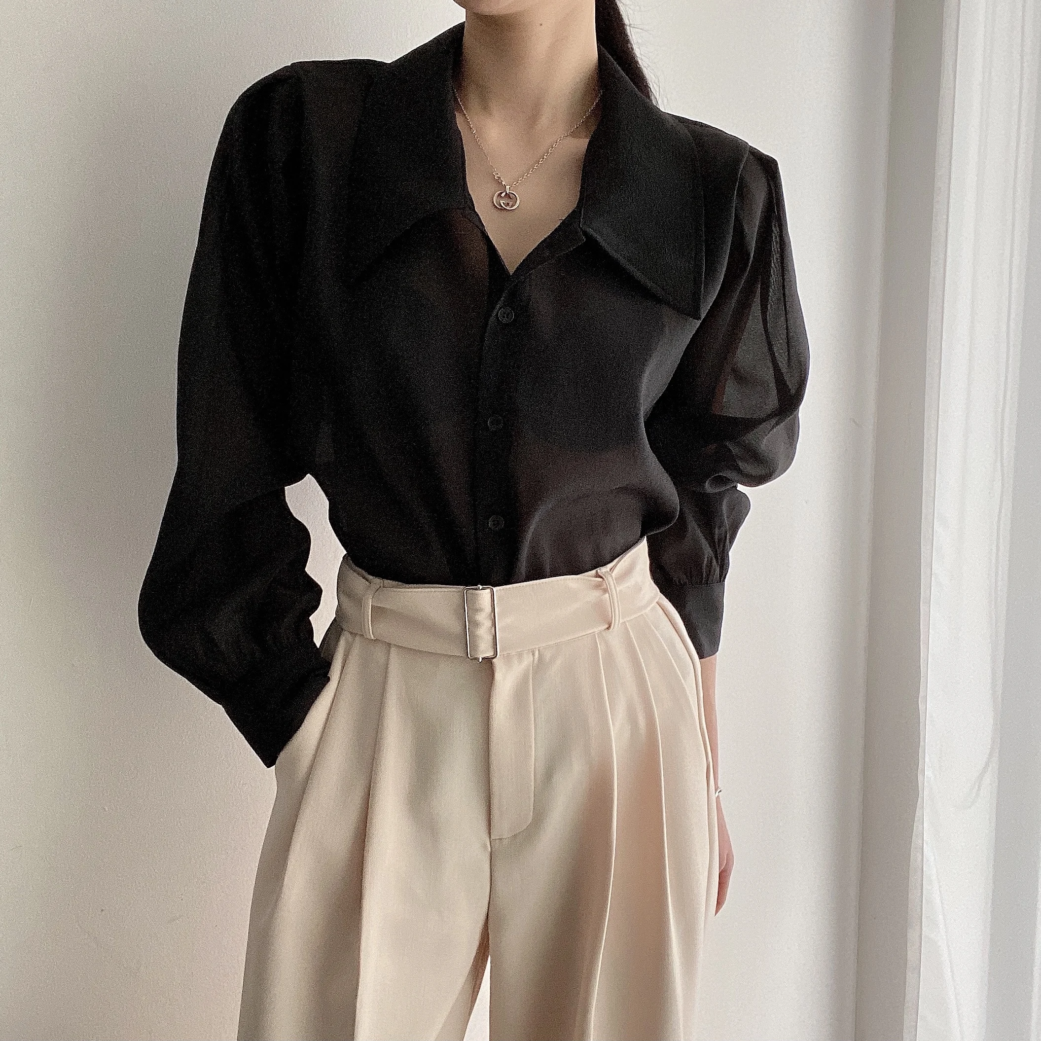 Clothland Women Sweet Transparent Organza Blouse Long Sleeve Pink Black Shorts Female Chic Casual Tops Blusa LA448