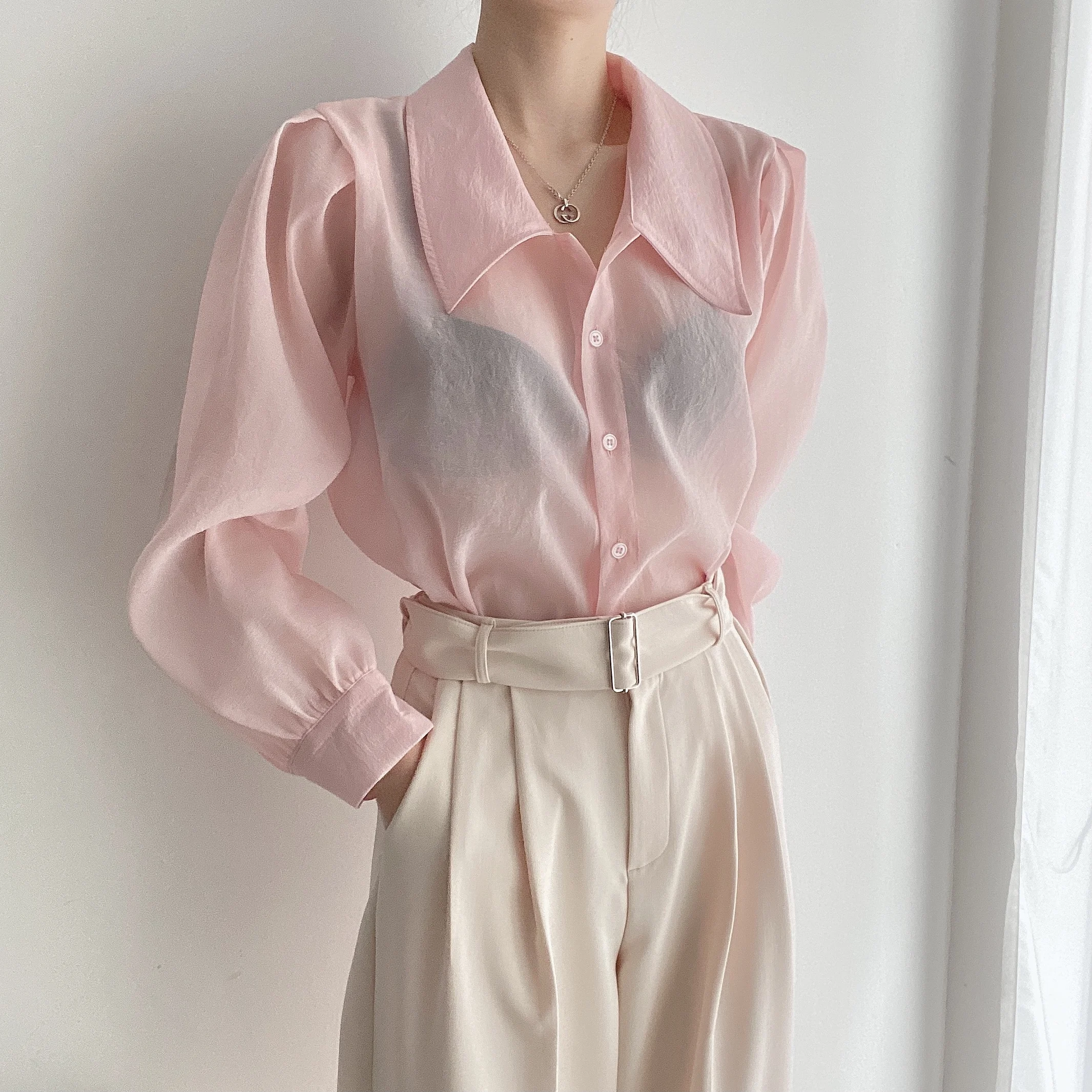 Clothland Women Sweet Transparent Organza Blouse Long Sleeve Pink Black Shorts Female Chic Casual Tops Blusa LA448