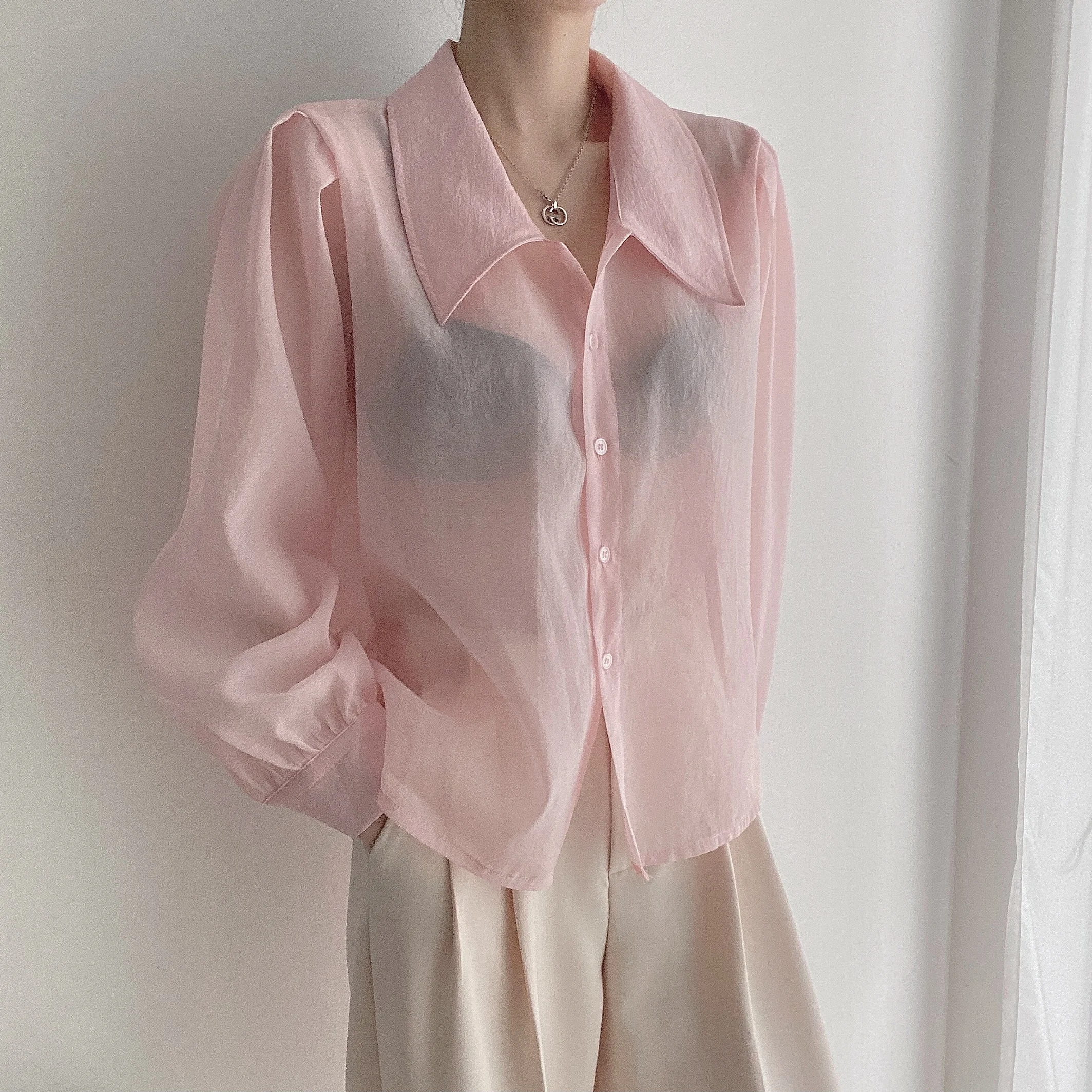 Clothland Women Sweet Transparent Organza Blouse Long Sleeve Pink Black Shorts Female Chic Casual Tops Blusa LA448