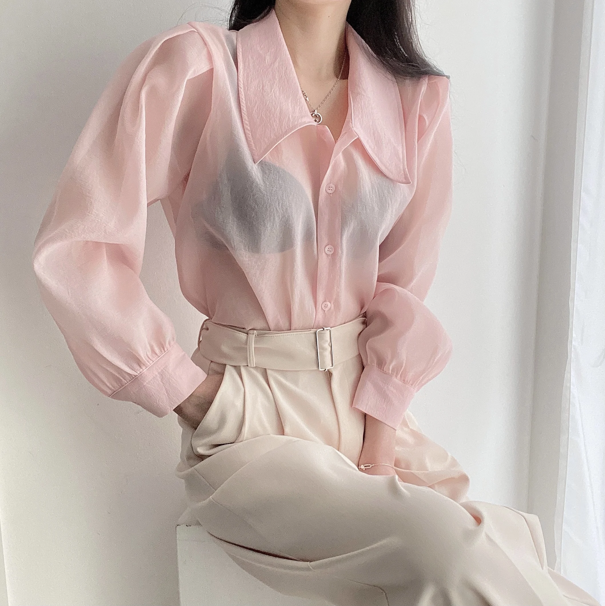 Clothland Women Sweet Transparent Organza Blouse Long Sleeve Pink Black Shorts Female Chic Casual Tops Blusa LA448