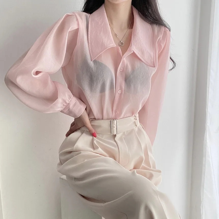 Clothland Women Sweet Transparent Organza Blouse Long Sleeve Pink Black Shorts Female Chic Casual Tops Blusa LA448