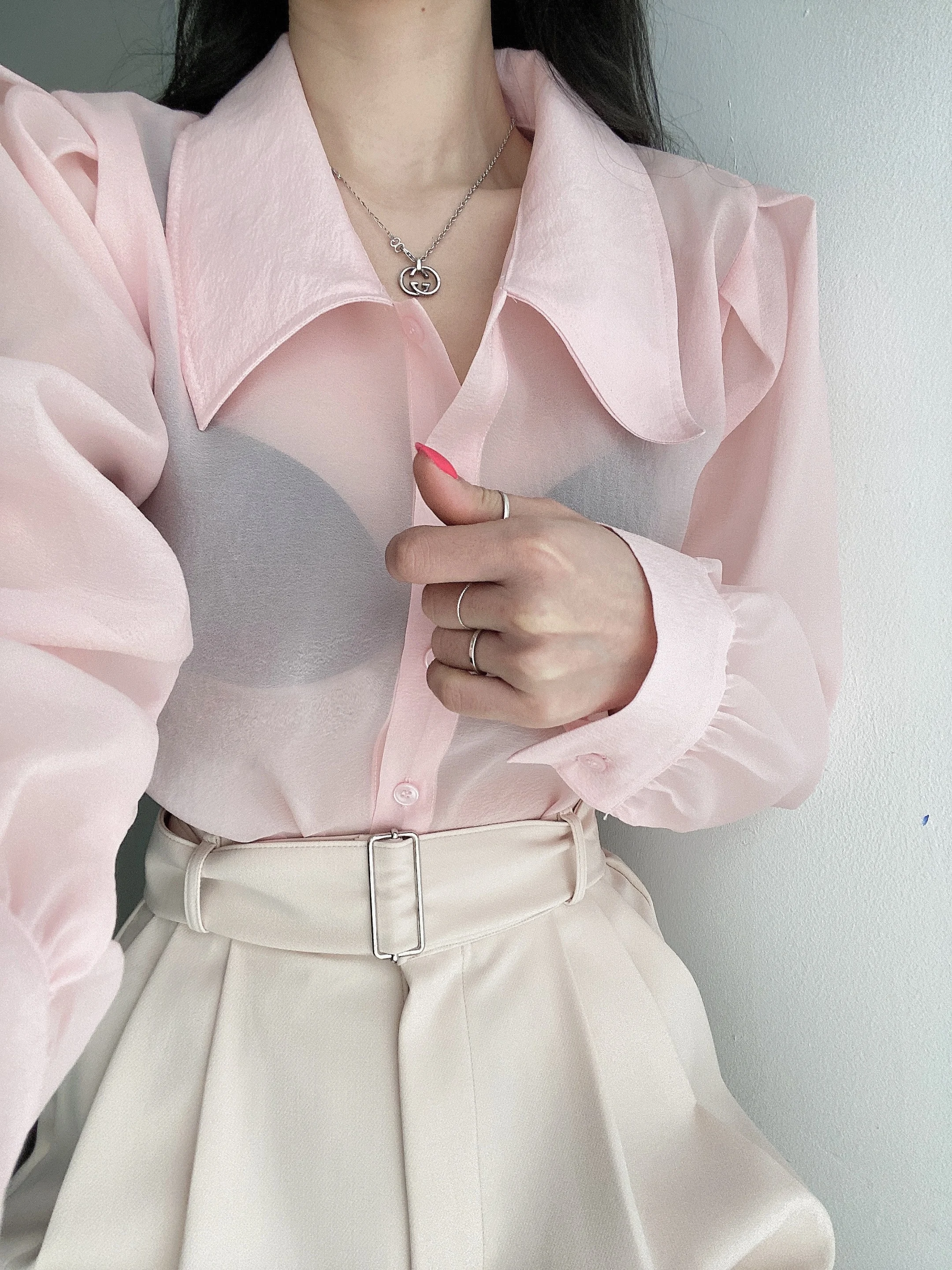 Clothland Women Sweet Transparent Organza Blouse Long Sleeve Pink Black Shorts Female Chic Casual Tops Blusa LA448