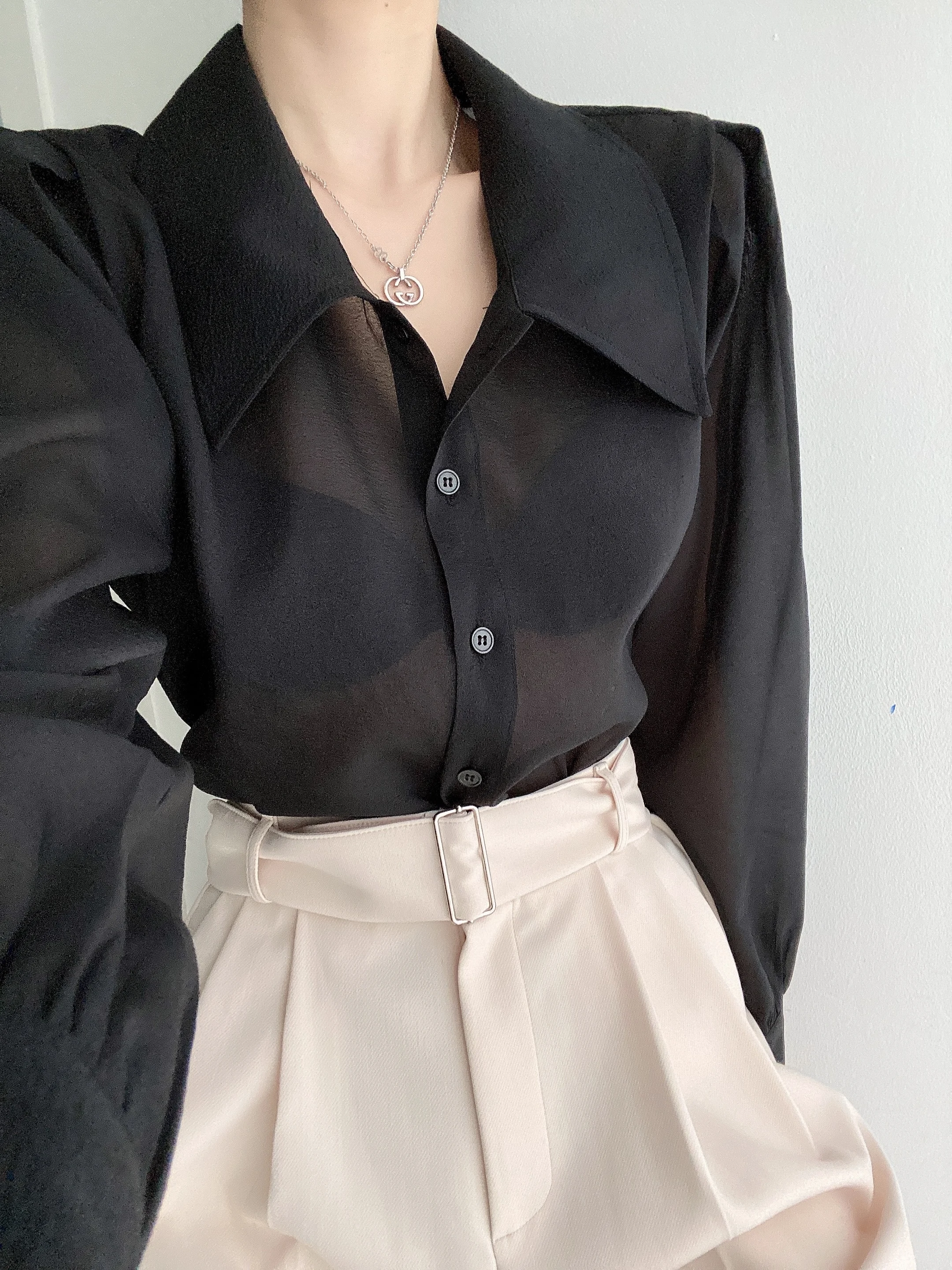 Clothland Women Sweet Transparent Organza Blouse Long Sleeve Pink Black Shorts Female Chic Casual Tops Blusa LA448