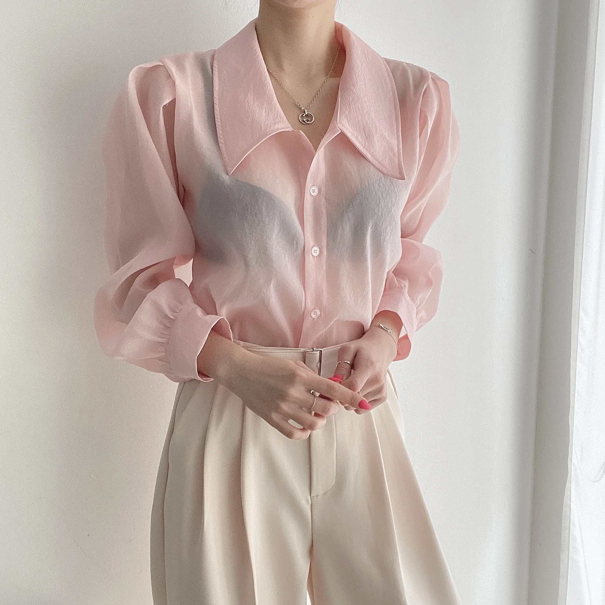 Clothland Women Sweet Transparent Organza Blouse Long Sleeve Pink Black Shorts Female Chic Casual Tops Blusa LA448
