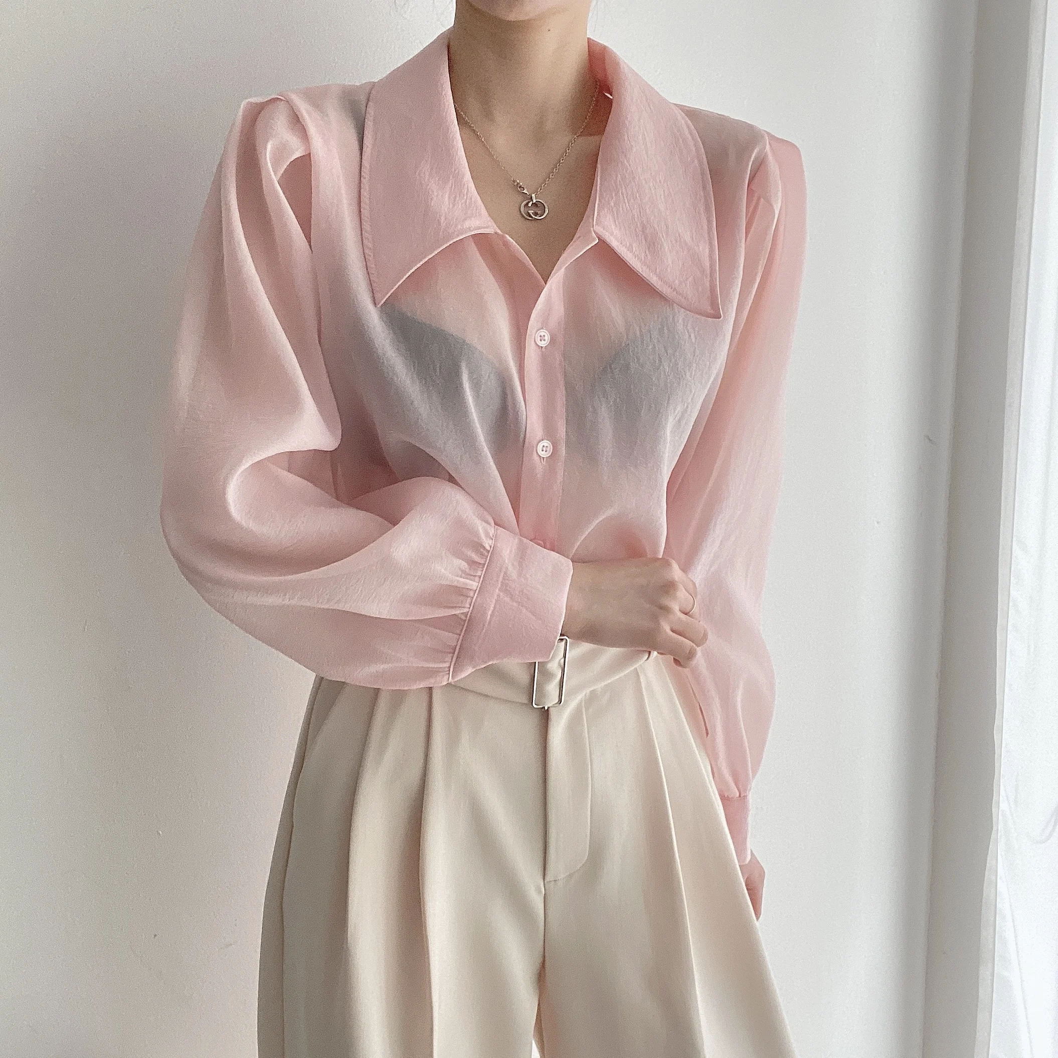 Clothland Women Sweet Transparent Organza Blouse Long Sleeve Pink Black Shorts Female Chic Casual Tops Blusa LA448