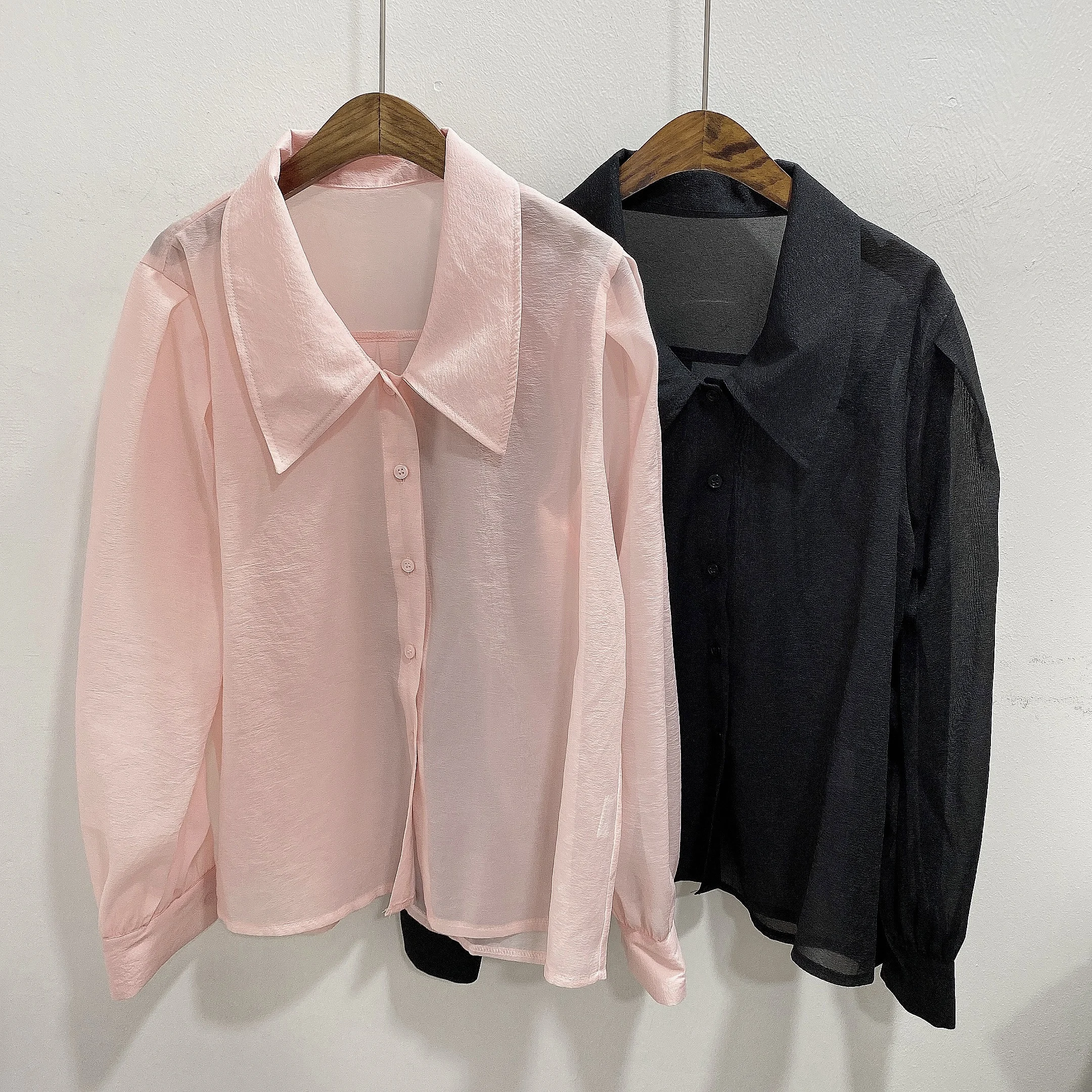 Clothland Women Sweet Transparent Organza Blouse Long Sleeve Pink Black Shorts Female Chic Casual Tops Blusa LA448