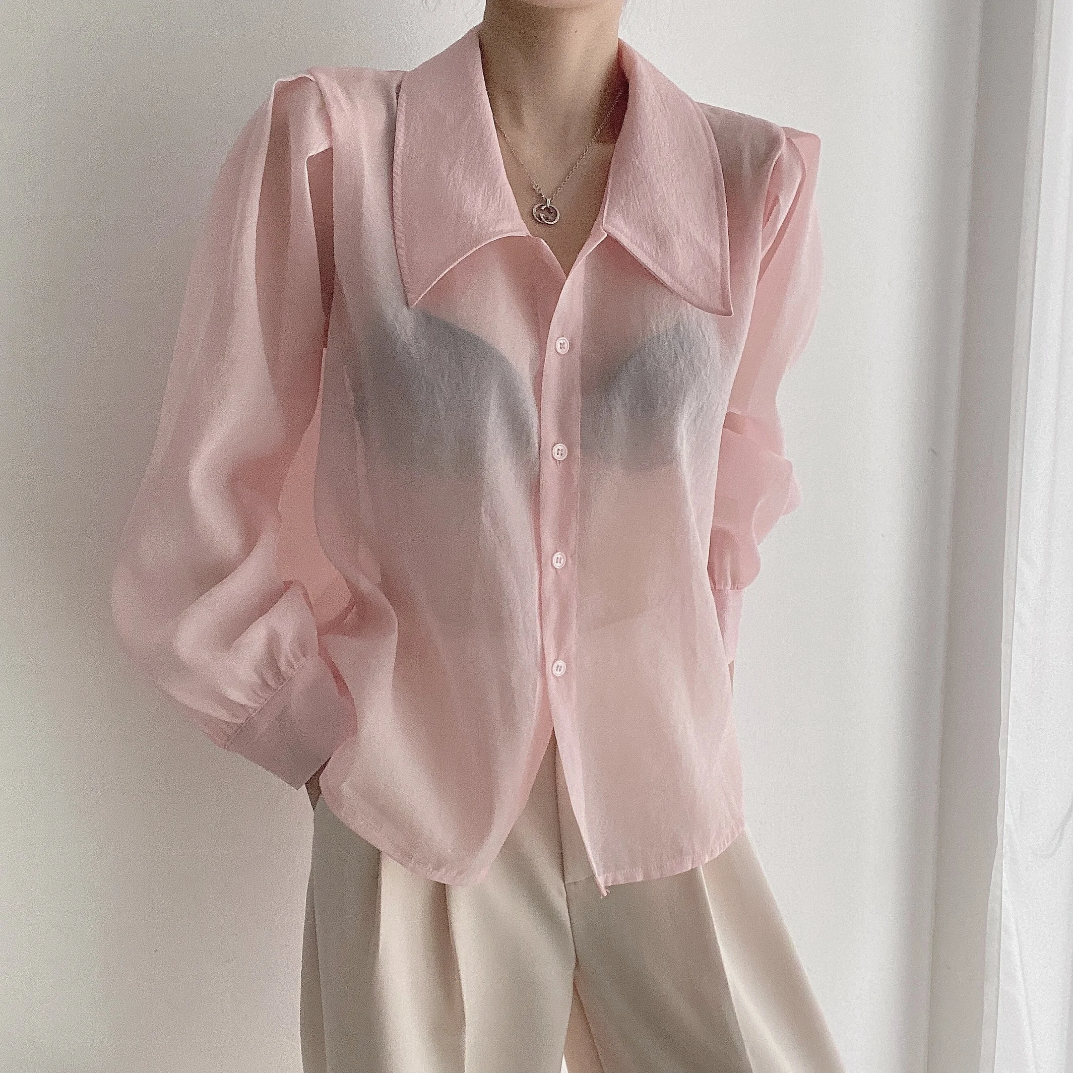 Clothland Women Sweet Transparent Organza Blouse Long Sleeve Pink Black Shorts Female Chic Casual Tops Blusa LA448