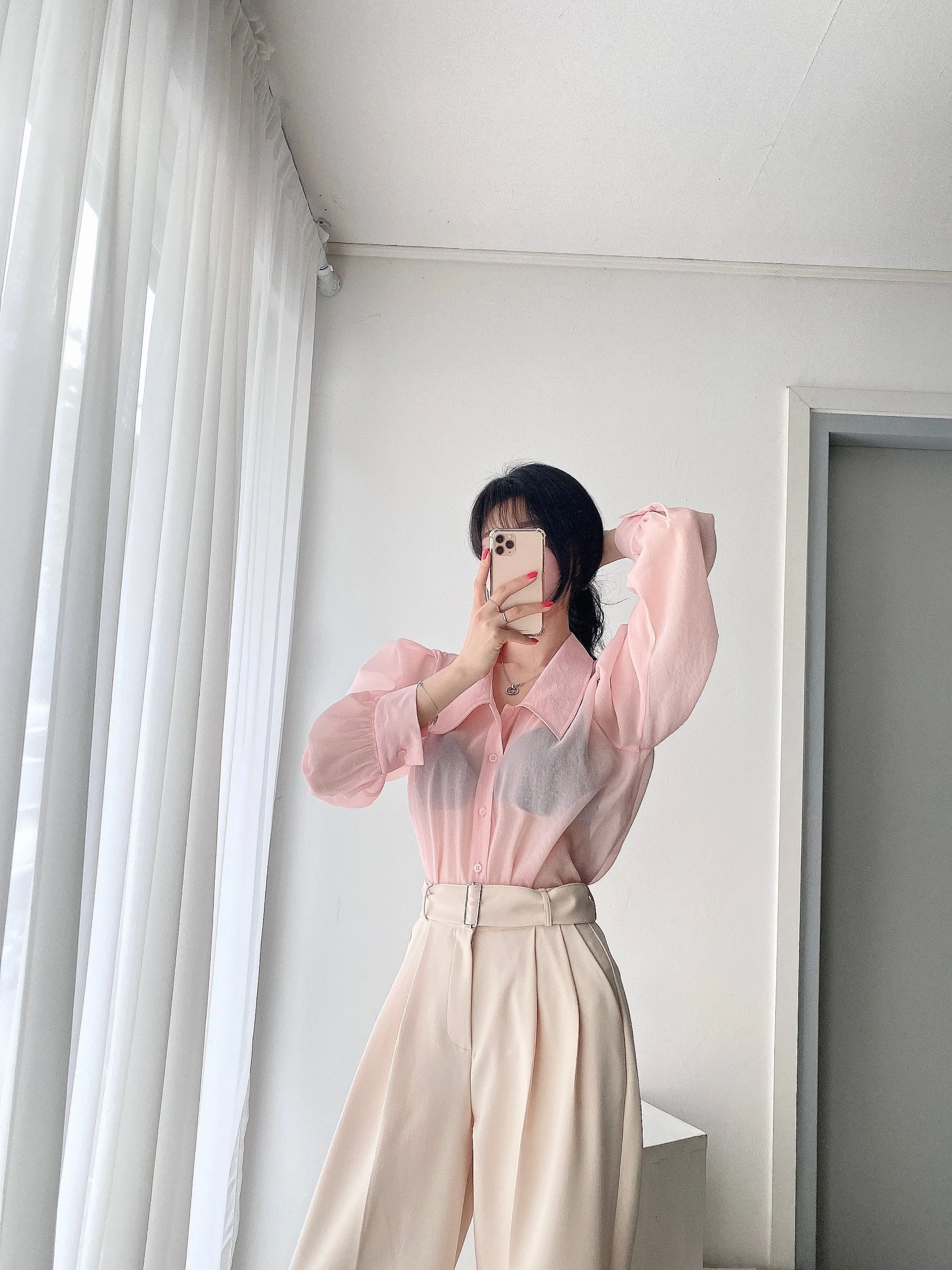 Clothland Women Sweet Transparent Organza Blouse Long Sleeve Pink Black Shorts Female Chic Casual Tops Blusa LA448