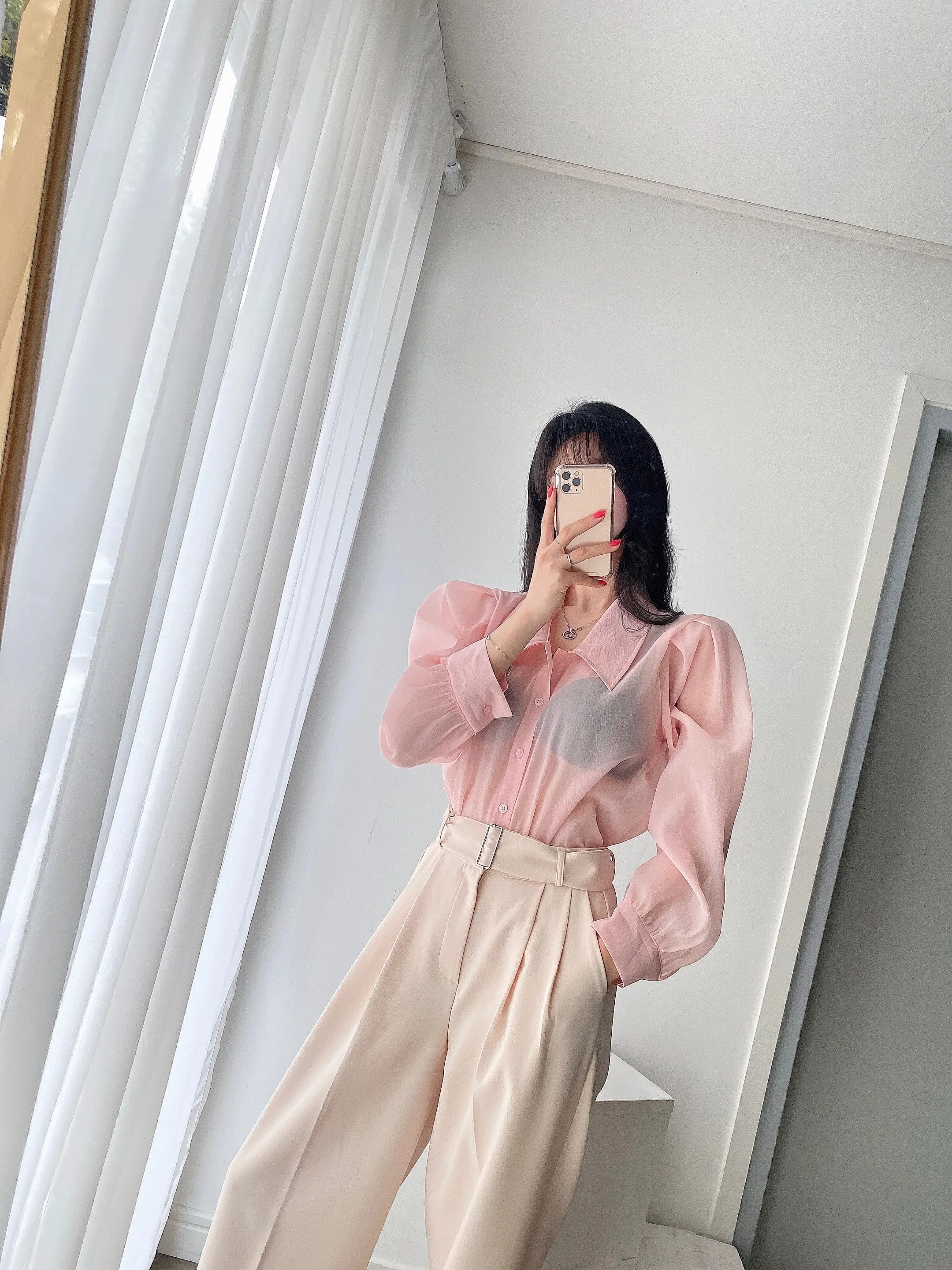 Clothland Women Sweet Transparent Organza Blouse Long Sleeve Pink Black Shorts Female Chic Casual Tops Blusa LA448