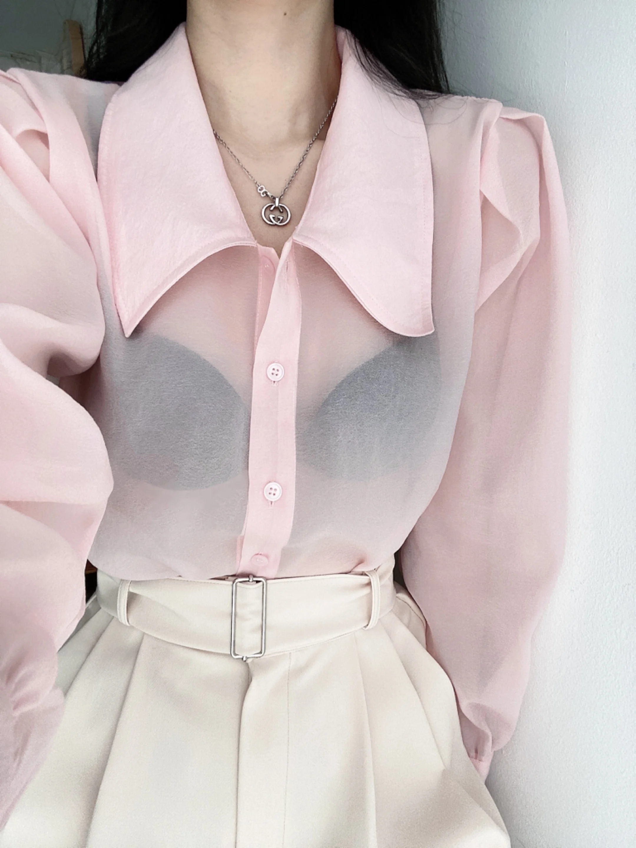 Clothland Women Sweet Transparent Organza Blouse Long Sleeve Pink Black Shorts Female Chic Casual Tops Blusa LA448