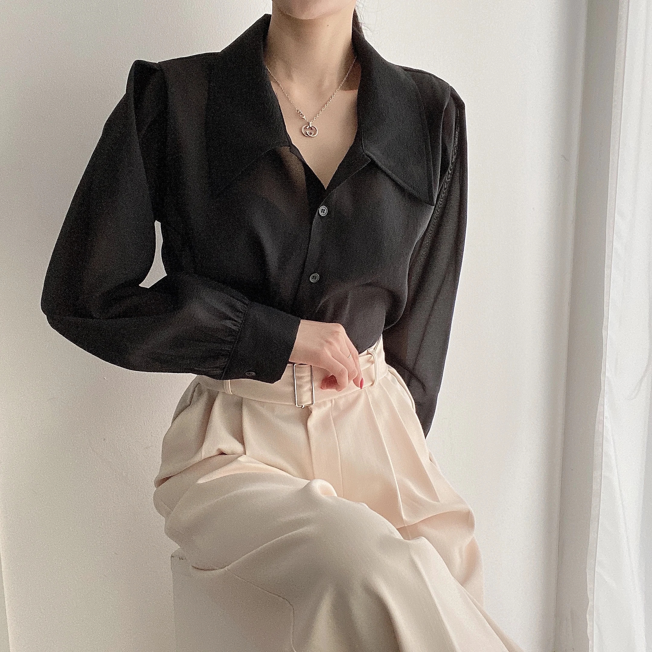 Clothland Women Sweet Transparent Organza Blouse Long Sleeve Pink Black Shorts Female Chic Casual Tops Blusa LA448