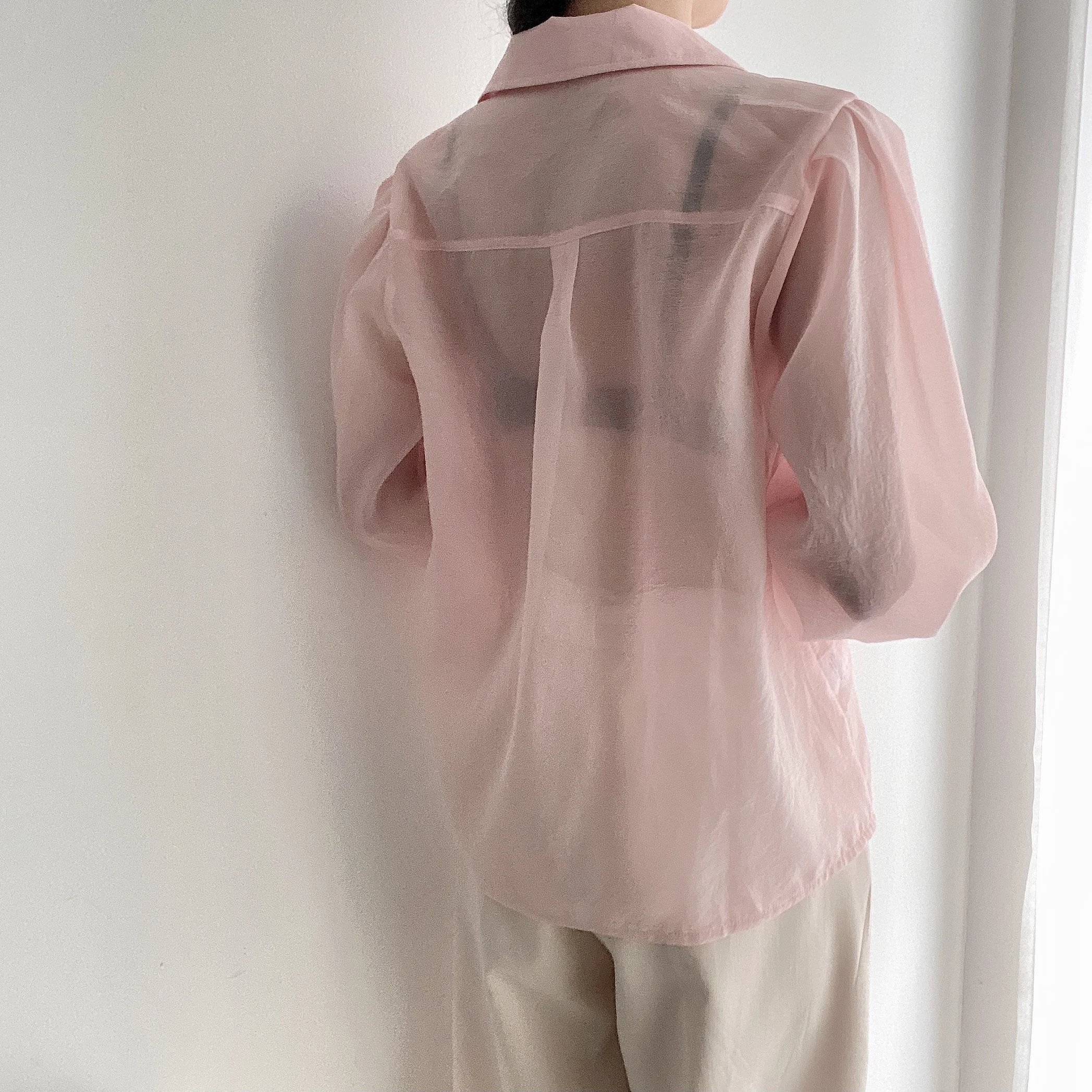 Clothland Women Sweet Transparent Organza Blouse Long Sleeve Pink Black Shorts Female Chic Casual Tops Blusa LA448