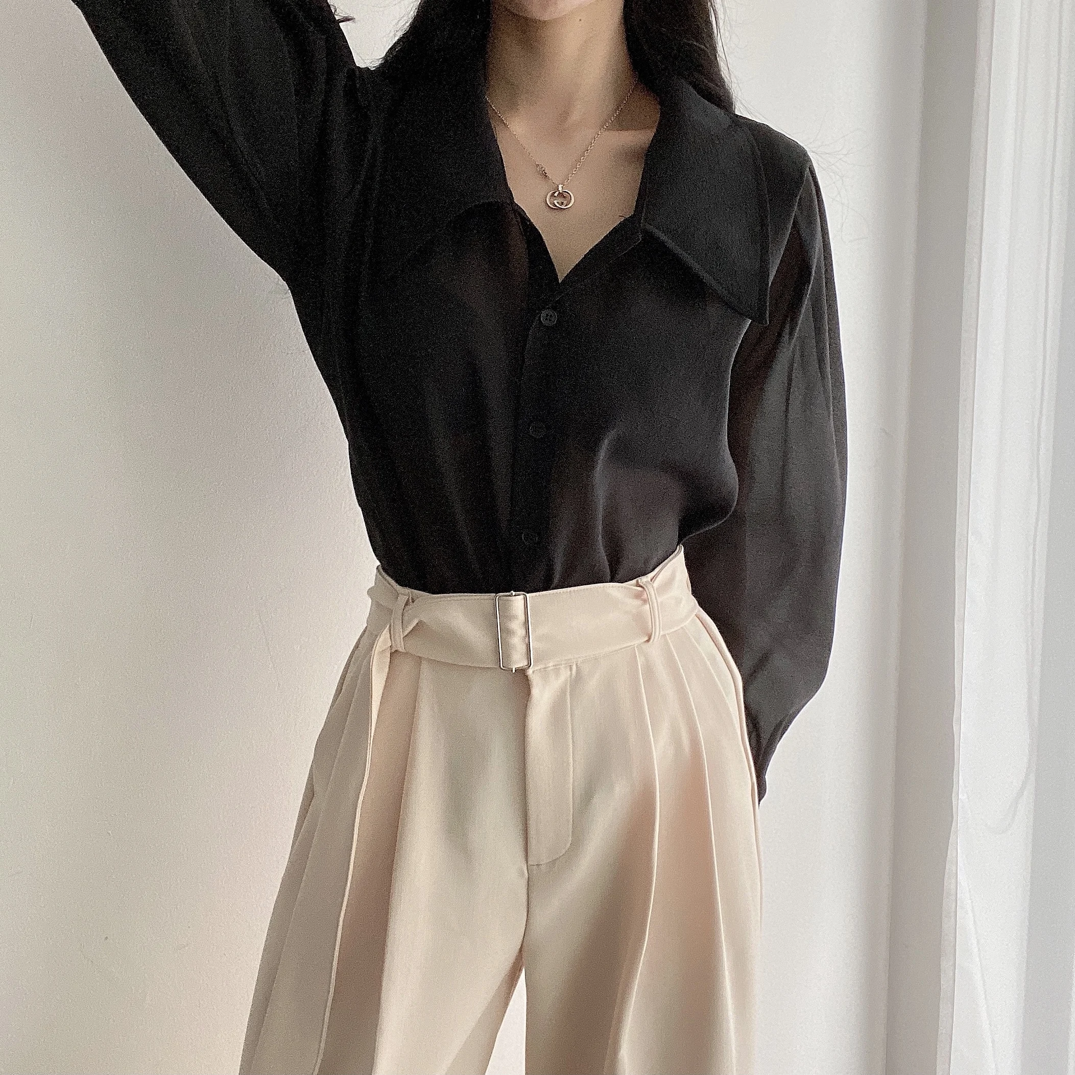 Clothland Women Sweet Transparent Organza Blouse Long Sleeve Pink Black Shorts Female Chic Casual Tops Blusa LA448