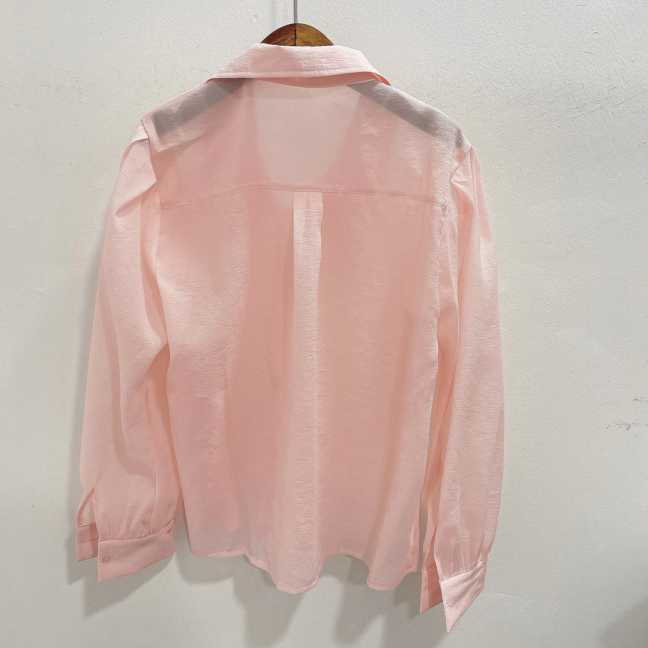 Clothland Women Sweet Transparent Organza Blouse Long Sleeve Pink Black Shorts Female Chic Casual Tops Blusa LA448