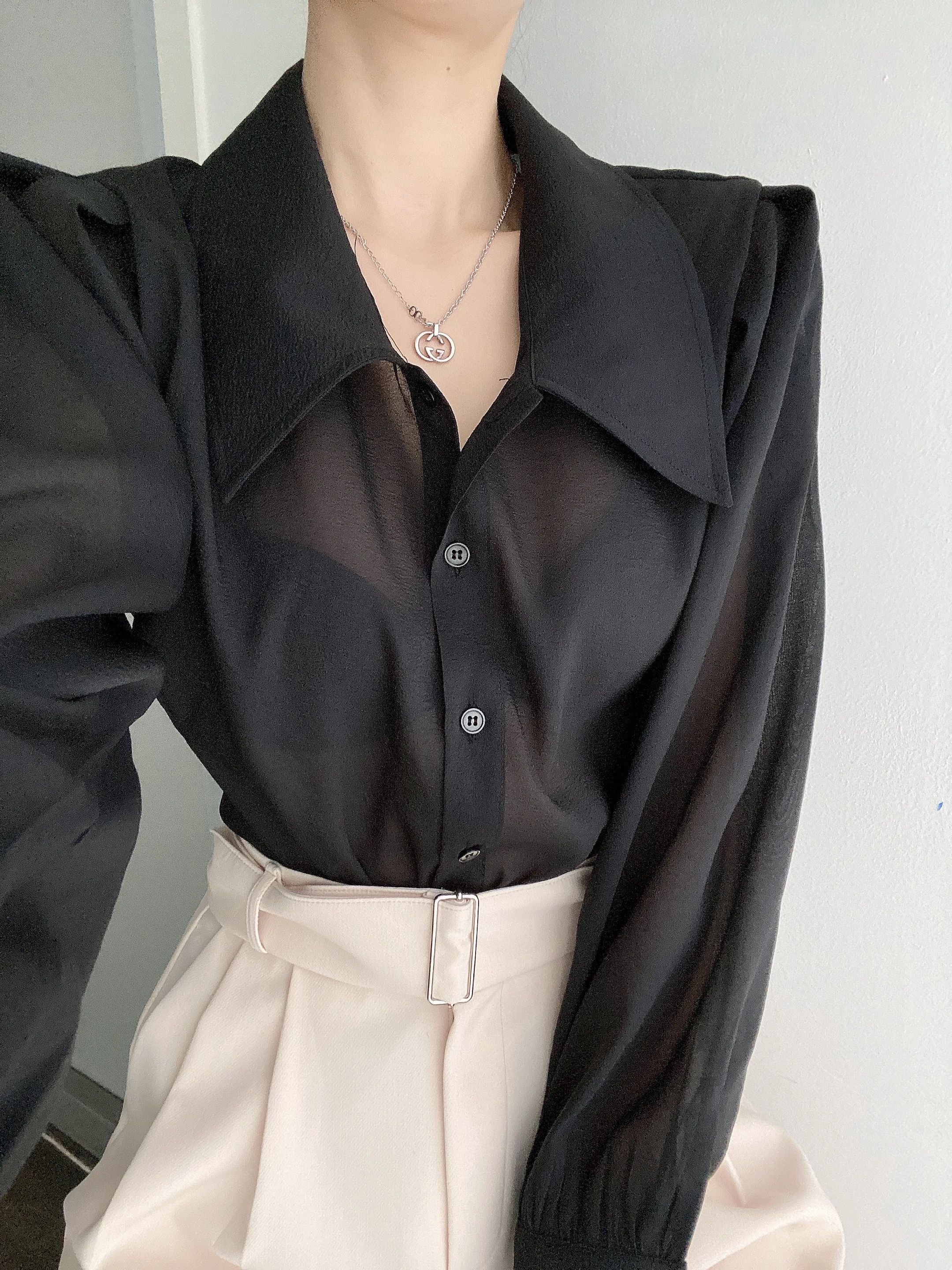 Clothland Women Sweet Transparent Organza Blouse Long Sleeve Pink Black Shorts Female Chic Casual Tops Blusa LA448