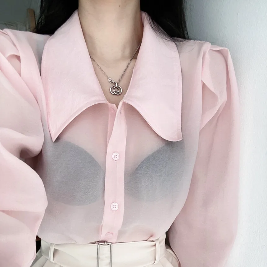 Clothland Women Sweet Transparent Organza Blouse Long Sleeve Pink Black Shorts Female Chic Casual Tops Blusa LA448