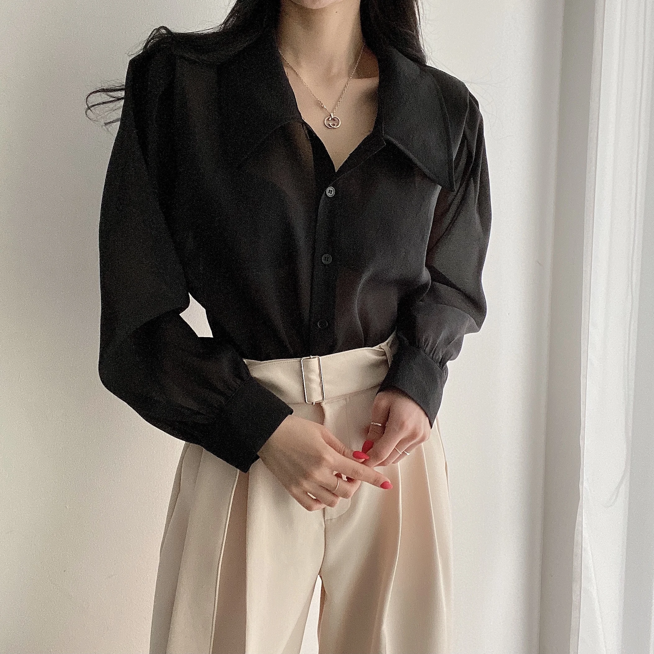 Clothland Women Sweet Transparent Organza Blouse Long Sleeve Pink Black Shorts Female Chic Casual Tops Blusa LA448