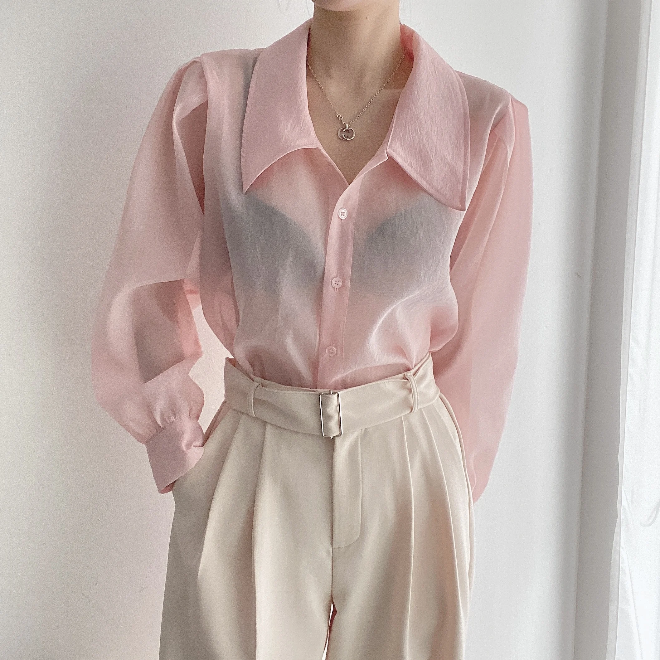 Clothland Women Sweet Transparent Organza Blouse Long Sleeve Pink Black Shorts Female Chic Casual Tops Blusa LA448