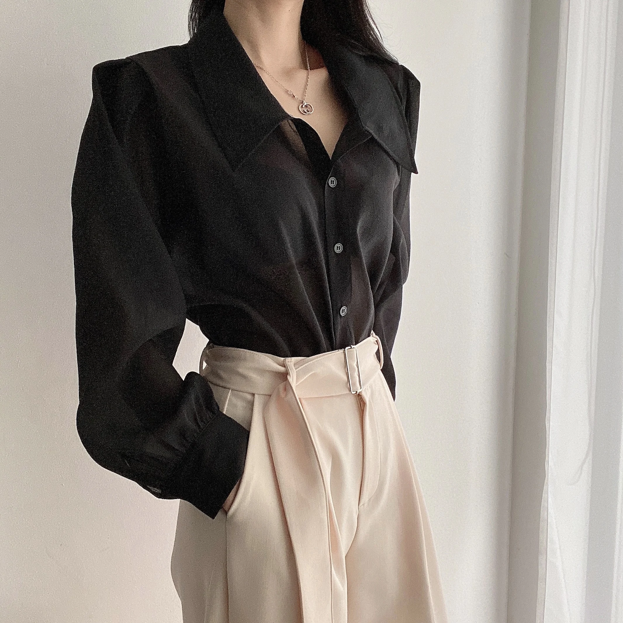 Clothland Women Sweet Transparent Organza Blouse Long Sleeve Pink Black Shorts Female Chic Casual Tops Blusa LA448