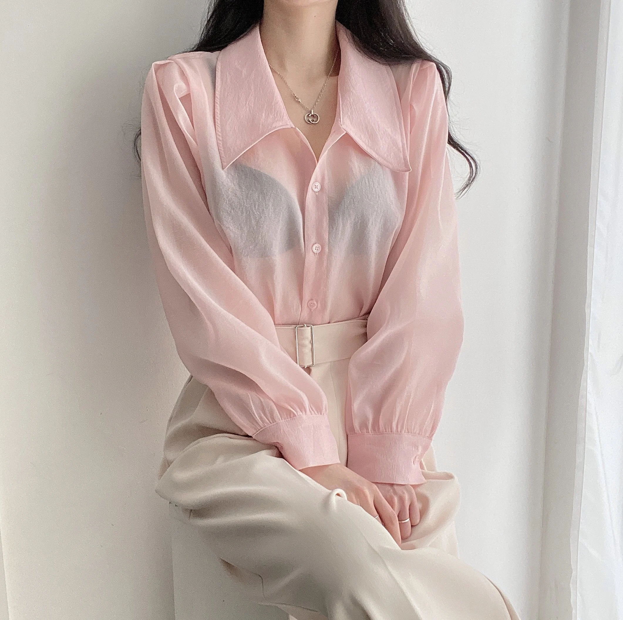 Clothland Women Sweet Transparent Organza Blouse Long Sleeve Pink Black Shorts Female Chic Casual Tops Blusa LA448