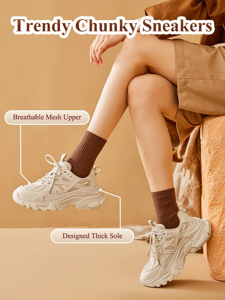 BeauToday Chunky Sneakers Women Synthetic Leather Mesh Patchwork Round Toe Lace-Up Thick Sole Ladies Sports Shoes Handmade 29448