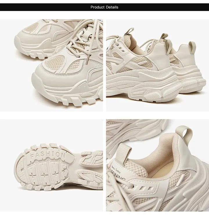 BeauToday Chunky Sneakers Women Synthetic Leather Mesh Patchwork Round Toe Lace-Up Thick Sole Ladies Sports Shoes Handmade 29448