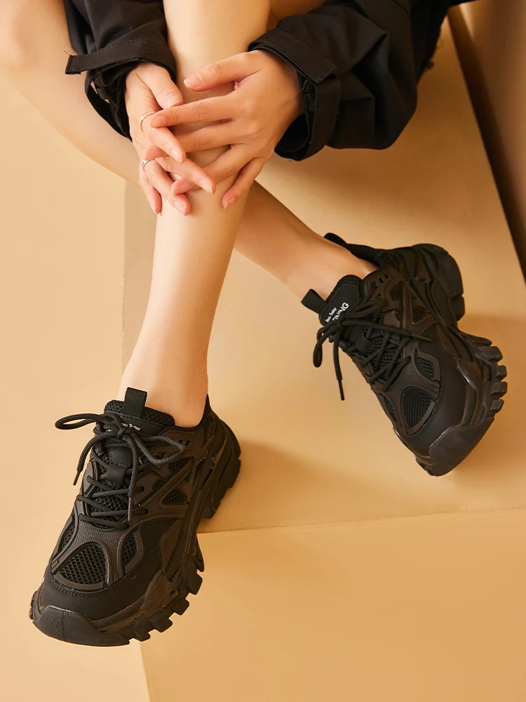 BeauToday Chunky Sneakers Women Synthetic Leather Mesh Patchwork Round Toe Lace-Up Thick Sole Ladies Sports Shoes Handmade 29448