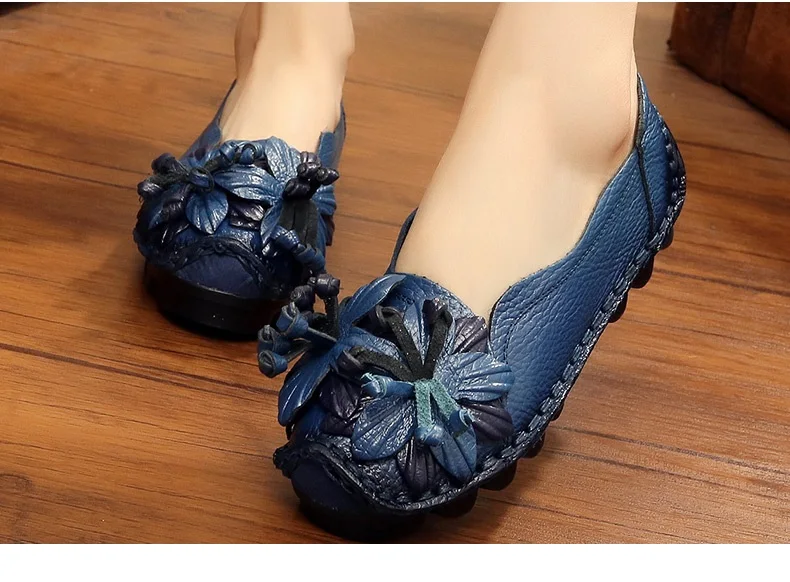 Vintage Real Leather Ballet Flats Shoes Women's Loafers Anti Skid Blue Moccasins Ladies Waterproof Driving Shoes Big Size 42