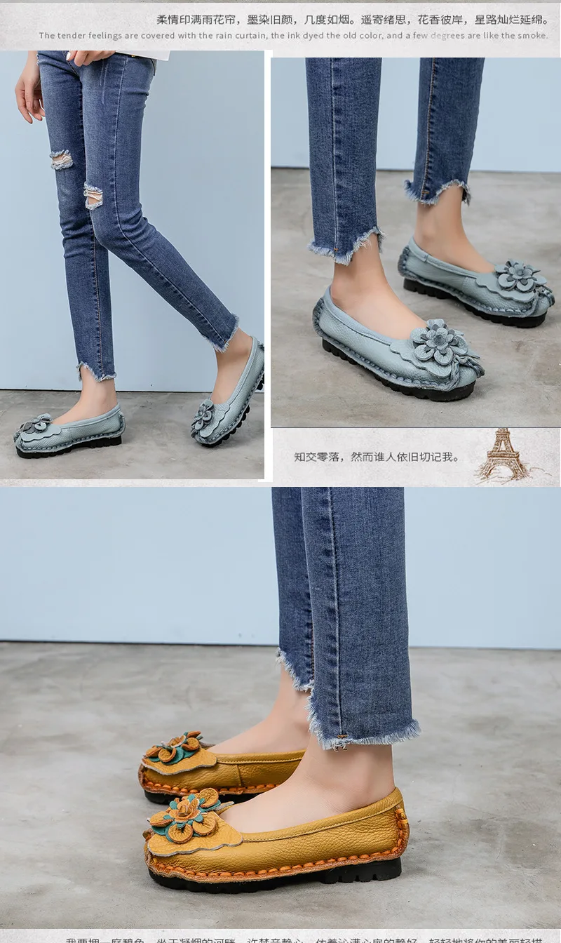 Vintage Real Leather Ballet Flats Shoes Women's Loafers Anti Skid Blue Moccasins Ladies Waterproof Driving Shoes Big Size 42