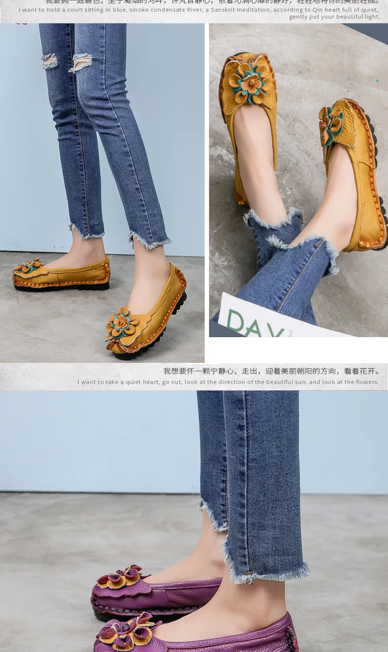 Vintage Real Leather Ballet Flats Shoes Women's Loafers Anti Skid Blue Moccasins Ladies Waterproof Driving Shoes Big Size 42