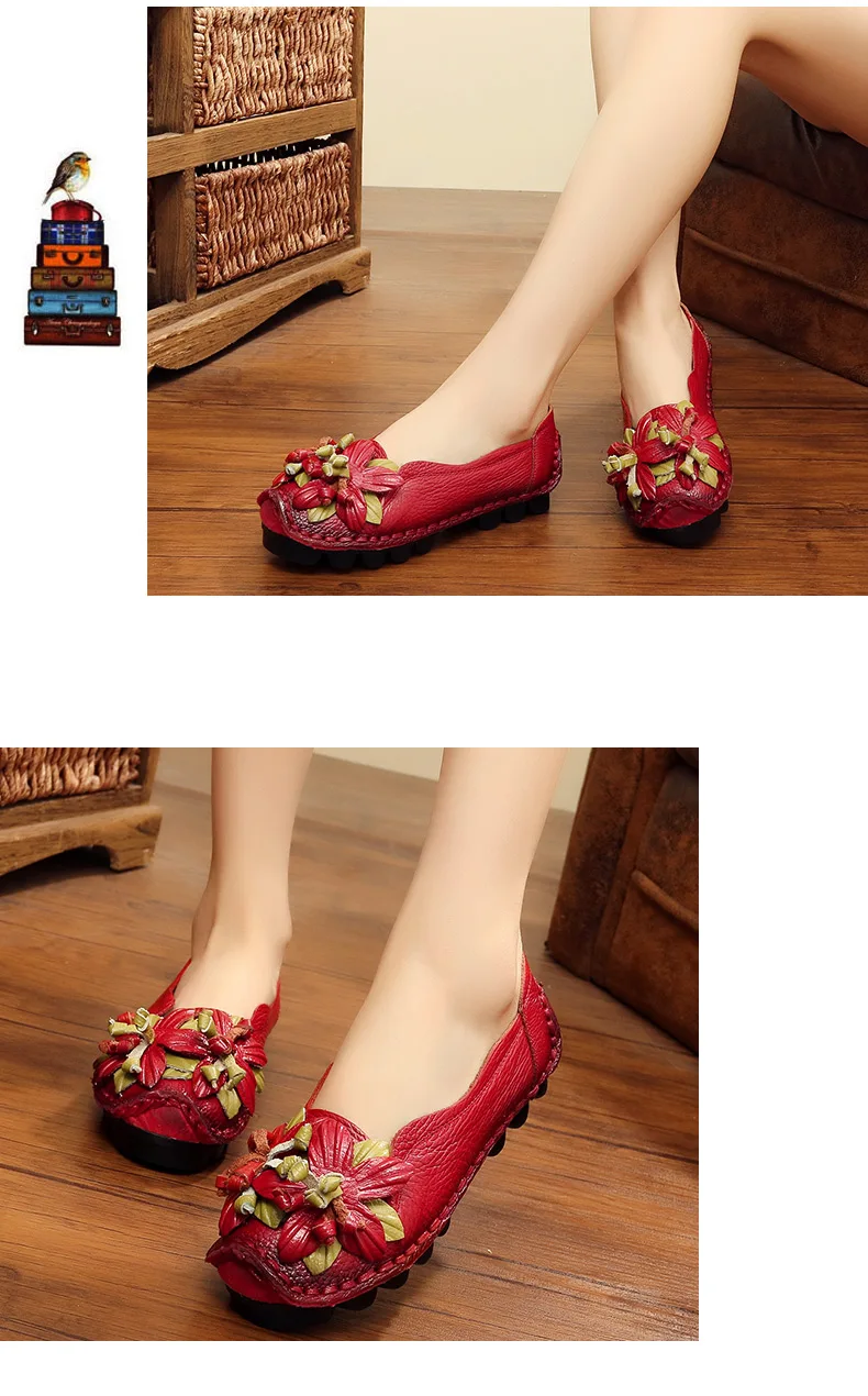 Vintage Real Leather Ballet Flats Shoes Women's Loafers Anti Skid Blue Moccasins Ladies Waterproof Driving Shoes Big Size 42