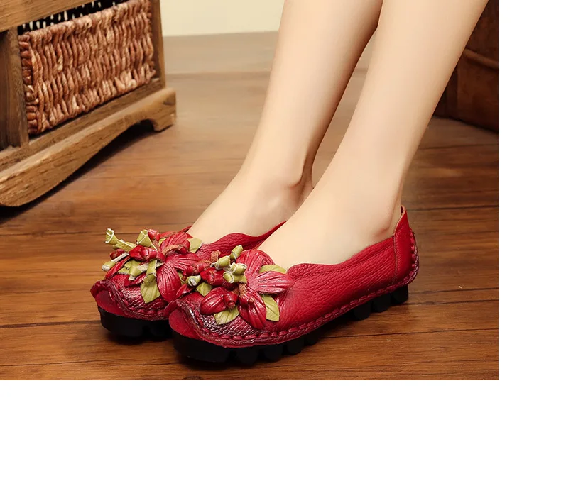 Vintage Real Leather Ballet Flats Shoes Women's Loafers Anti Skid Blue Moccasins Ladies Waterproof Driving Shoes Big Size 42