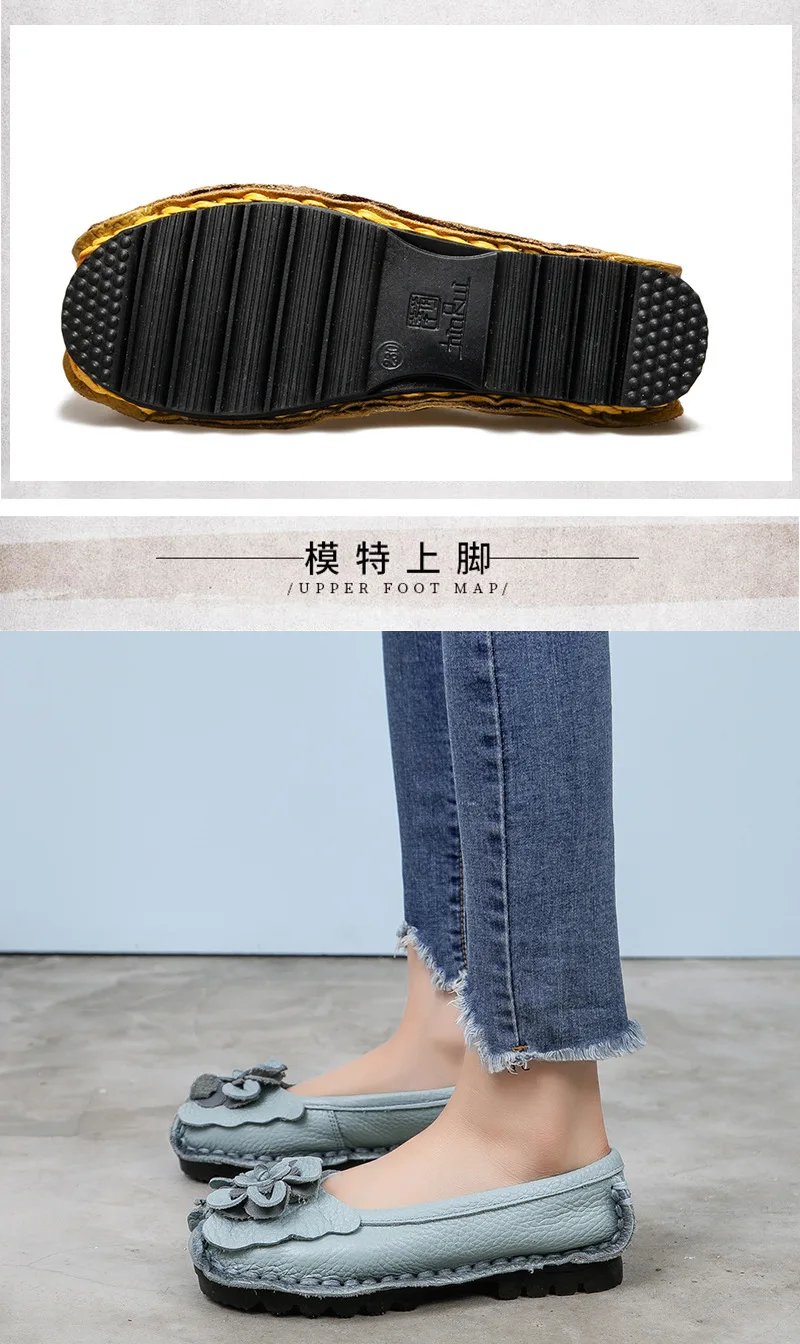 Vintage Real Leather Ballet Flats Shoes Women's Loafers Anti Skid Blue Moccasins Ladies Waterproof Driving Shoes Big Size 42
