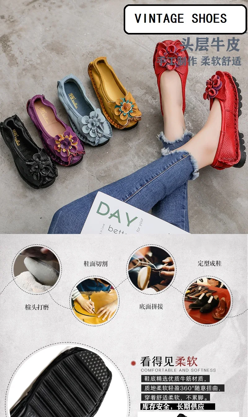 Vintage Real Leather Ballet Flats Shoes Women's Loafers Anti Skid Blue Moccasins Ladies Waterproof Driving Shoes Big Size 42