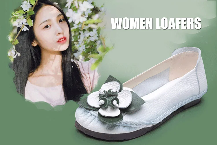 Vintage Real Leather Ballet Flats Shoes Women's Loafers Anti Skid Blue Moccasins Ladies Waterproof Driving Shoes Big Size 42